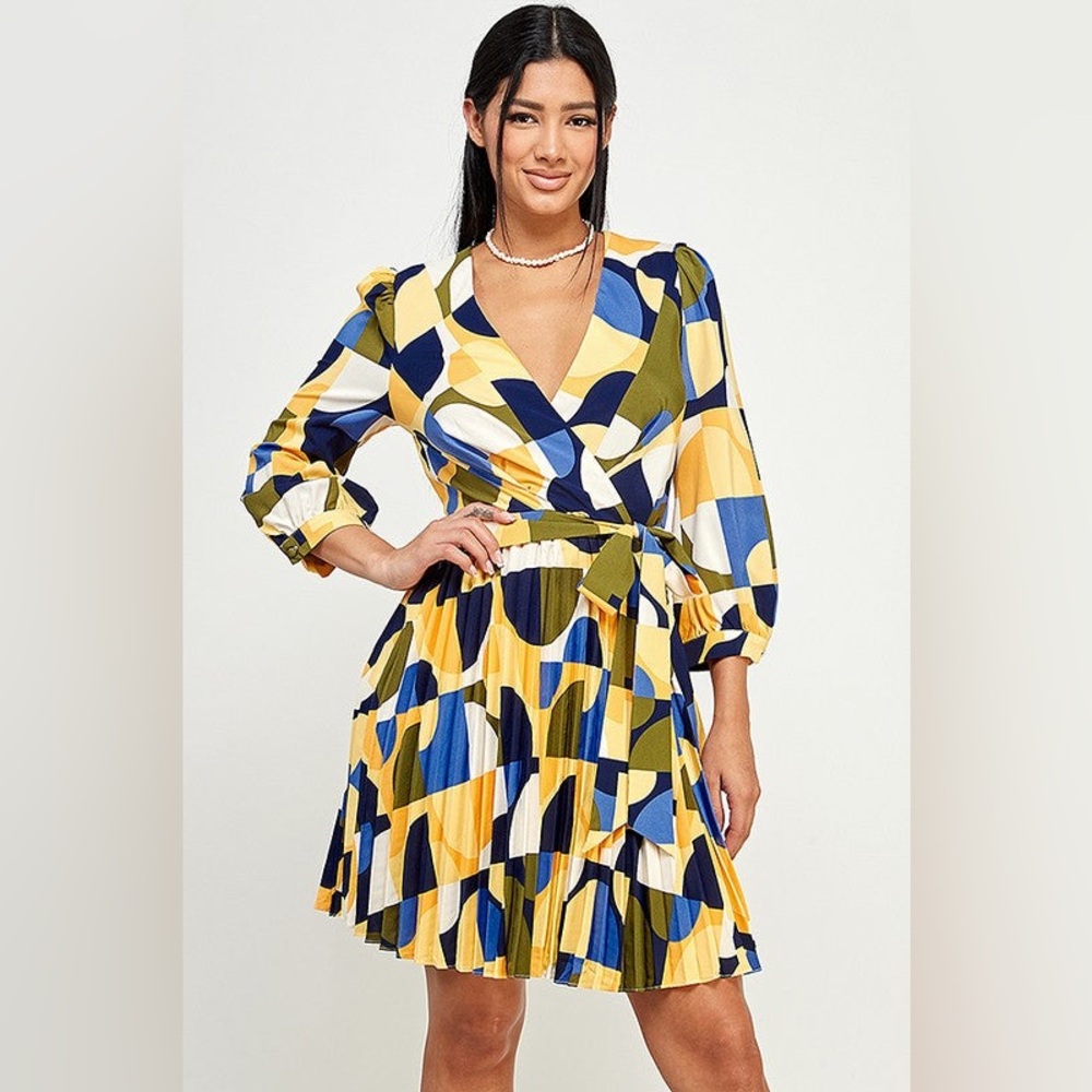 V-Neck Abstract Print Wrap Mini Dress in Yellow & Blue